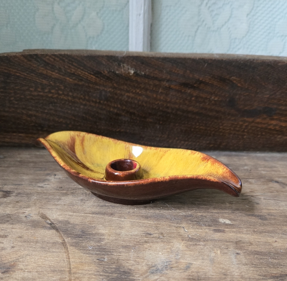 Blue Mountain Pottery Leaf Candle Holder Vintage Drip Glaze Decor